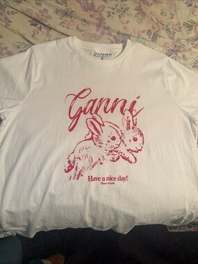 Ganni White Short Sleeve Tee with Pink Bunny Graphic